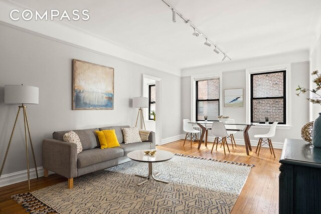 living room with wood finished floors, rail lighting, and baseboards