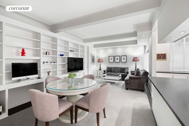 dining room with recessed lighting, light colored carpet, visible vents, built in features, and beam ceiling