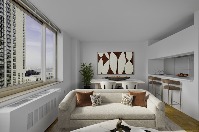 living room featuring radiator, parquet floors, and sink