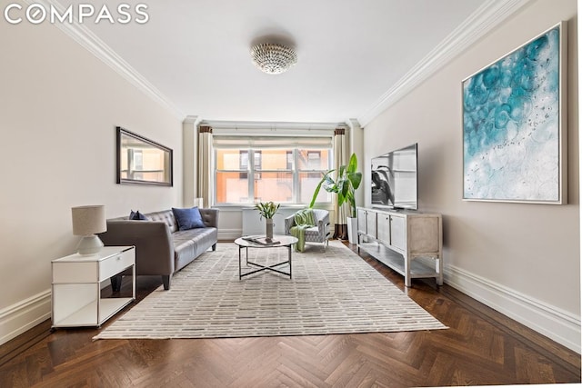 living room with ornamental molding and dark parquet floors