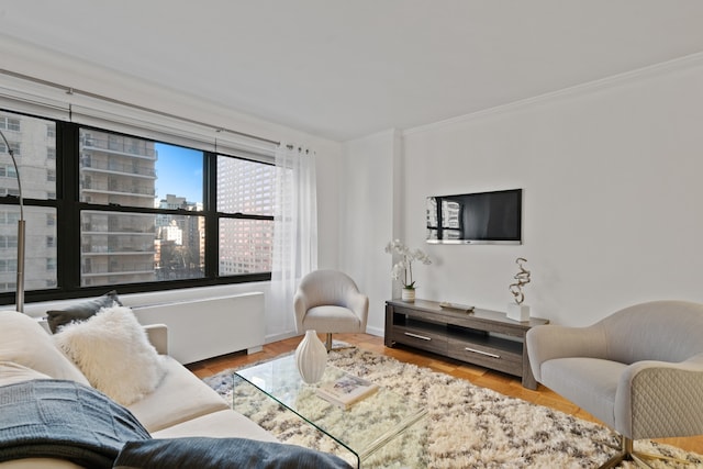 living area featuring baseboards, ornamental molding, and wood finished floors