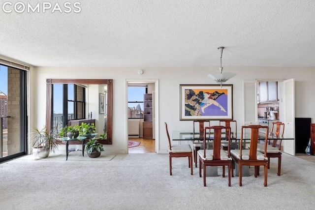 dining space with light colored carpet, plenty of natural light, and a textured ceiling