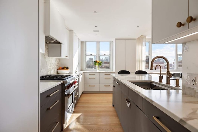 kitchen with high end stainless steel range oven, wall chimney range hood, sink, and white cabinets