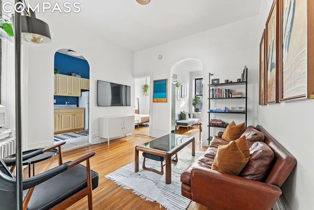 living room featuring light wood-type flooring and sink