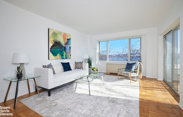 living room with parquet floors