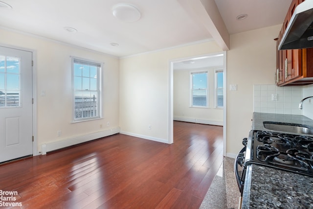 kitchen with exhaust hood, a baseboard heating unit, dark hardwood / wood-style floors, tasteful backsplash, and sink