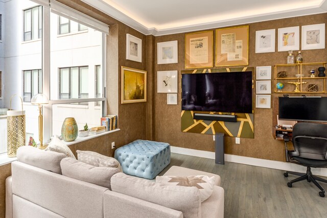 living room featuring light wood-type flooring and an inviting chandelier