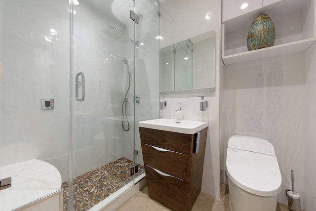 full bath featuring toilet, tile walls, a stall shower, and vanity