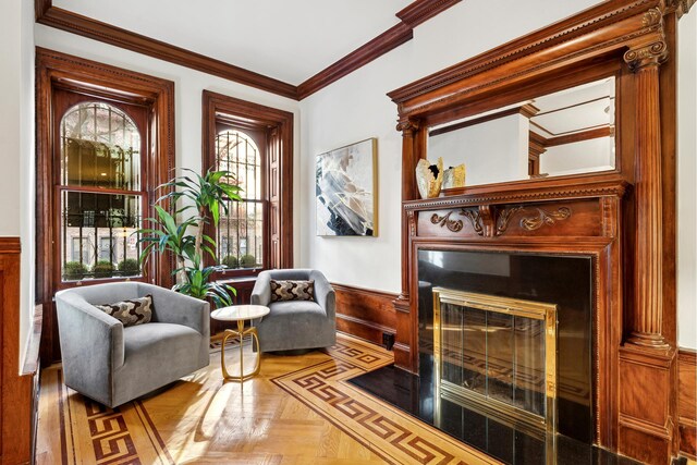 living room with crown molding