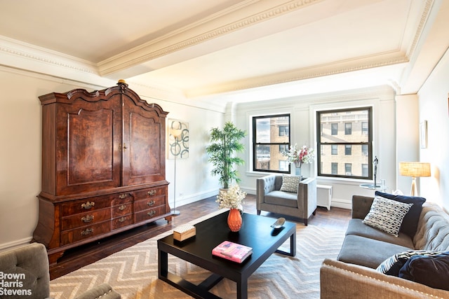 living room with ornamental molding and parquet floors