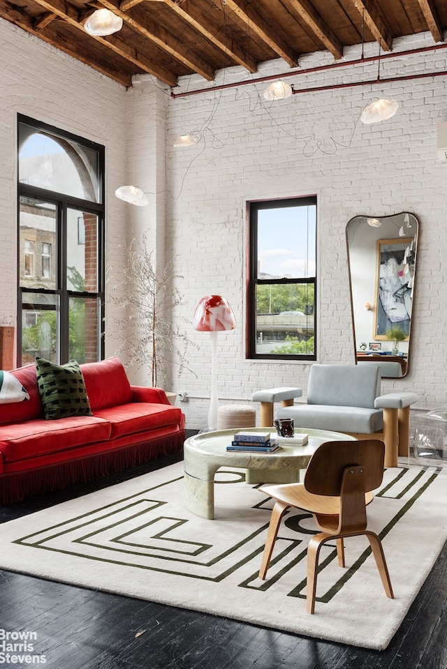 66 Washington Ave Unit 3, New York City, NY 11205 - building lobby featuring a wood ceiling with exposed beams and brick wall