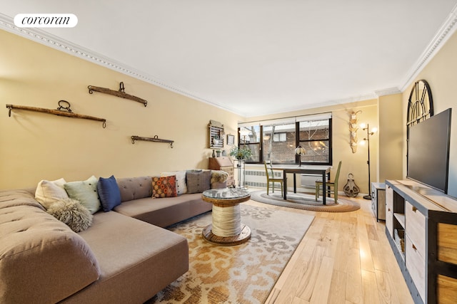 living room featuring ornamental molding, radiator, and hardwood / wood-style floors