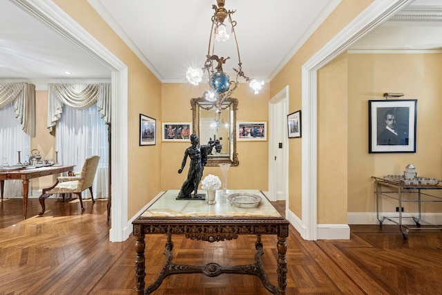 hall featuring parquet floors and ornamental molding