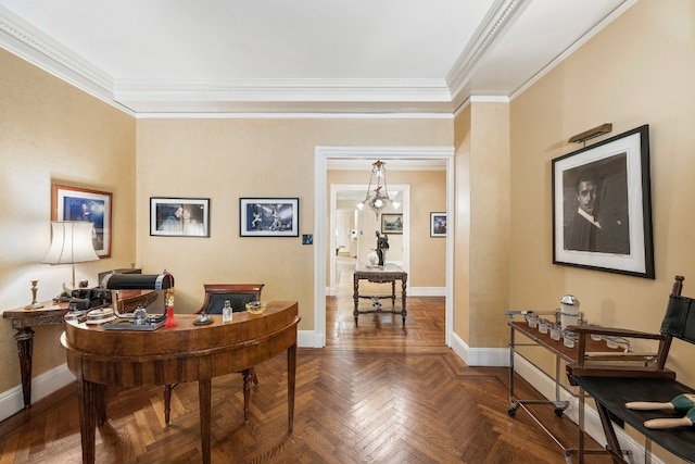 home office featuring a chandelier, crown molding, and dark parquet flooring