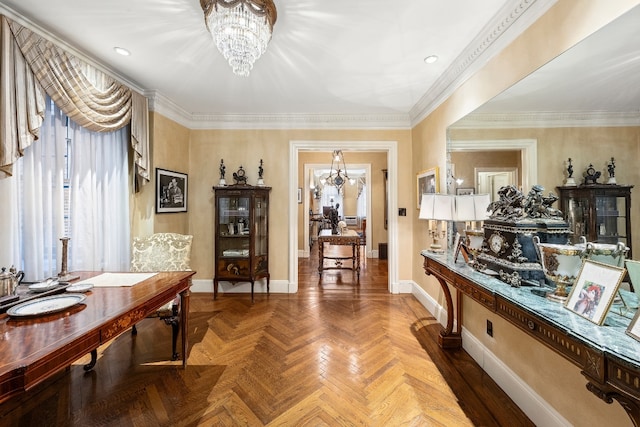 interior space with parquet flooring, a chandelier, and ornamental molding