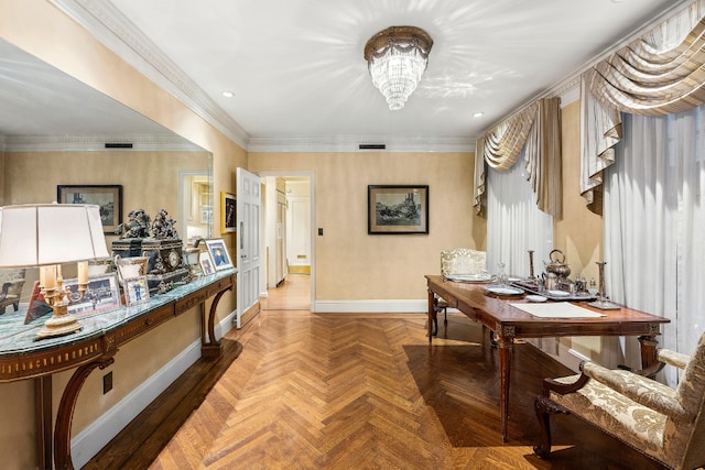 interior space featuring an inviting chandelier, parquet floors, and ornamental molding