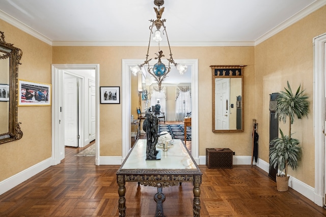 hall featuring crown molding and dark parquet floors