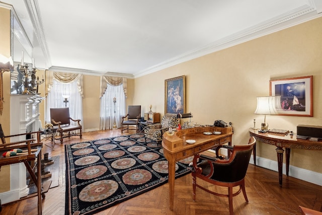 office space featuring crown molding and parquet flooring