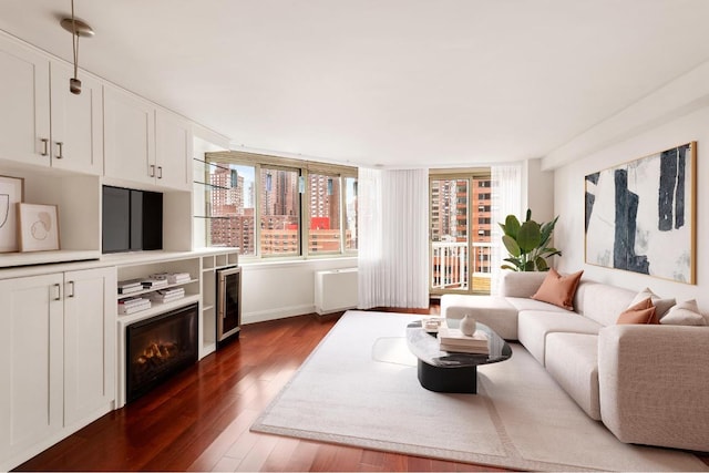 living room with wine cooler and dark hardwood / wood-style flooring