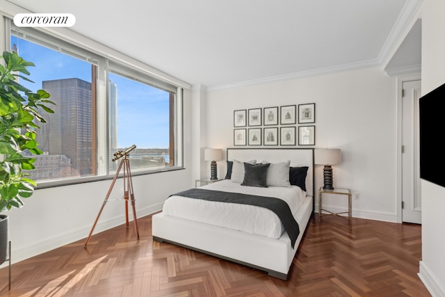bedroom with ornamental molding, visible vents, multiple windows, and baseboards