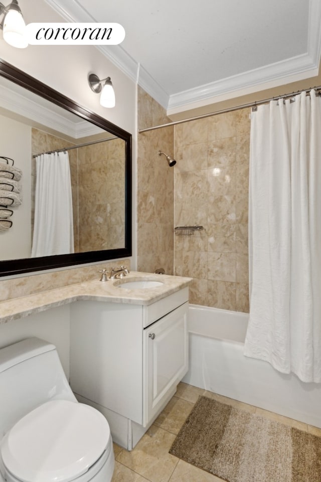 full bathroom featuring toilet, shower / tub combo with curtain, tile patterned floors, crown molding, and vanity