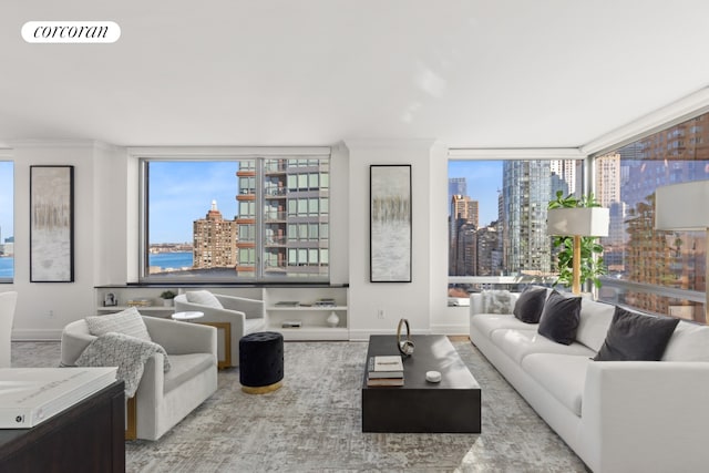 living area with baseboards, visible vents, and a city view