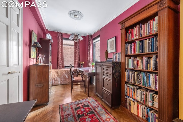 sitting room featuring light parquet floors, crown molding, and an inviting chandelier