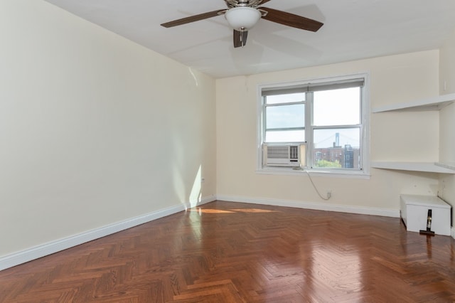 unfurnished living room with ceiling fan, baseboards, and cooling unit