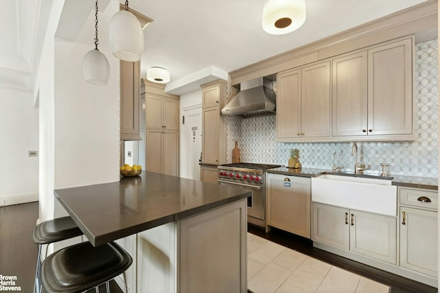 8 E 96th St Unit 14C, New York City, NY 10128 - kitchen with decorative backsplash, stainless steel stove, wall chimney exhaust hood, dark countertops, and a sink