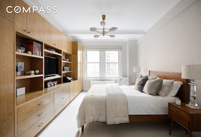 bedroom featuring light carpet, ornamental molding, and a chandelier