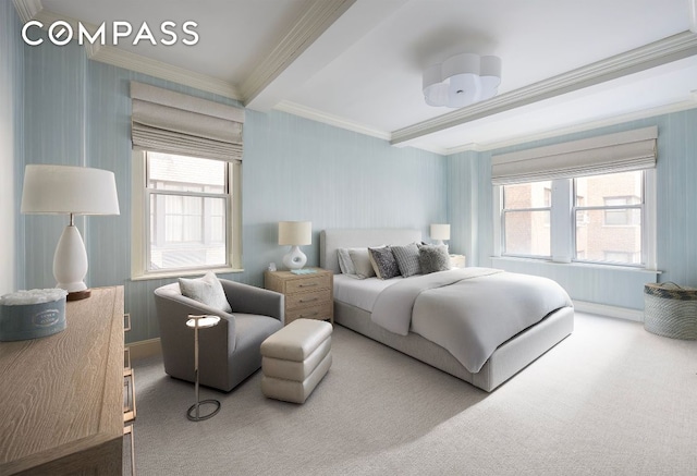 carpeted bedroom with crown molding, multiple windows, and beam ceiling