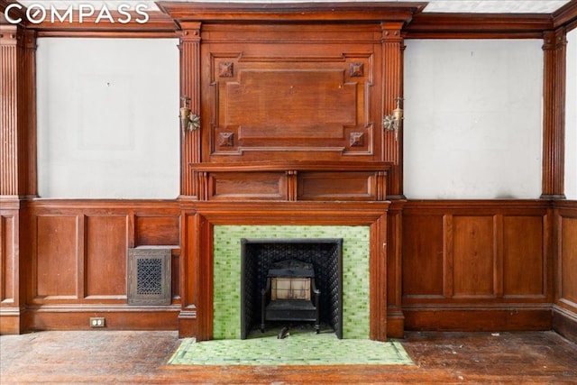 interior details featuring a wood stove