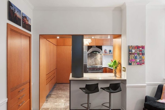 kitchen featuring high end stainless steel range, a kitchen breakfast bar, a peninsula, exhaust hood, and crown molding