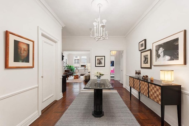 corridor with an inviting chandelier, crown molding, and dark wood-style flooring