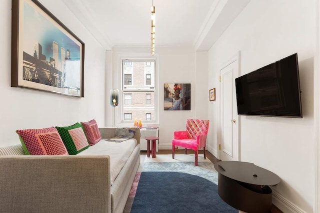 living room featuring baseboards and ornamental molding