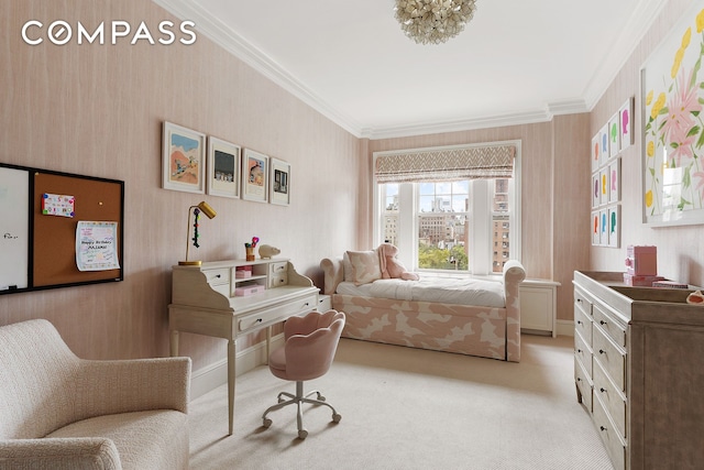 bedroom with light carpet and ornamental molding