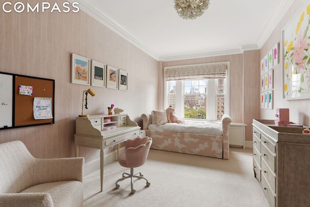 carpeted bedroom featuring crown molding