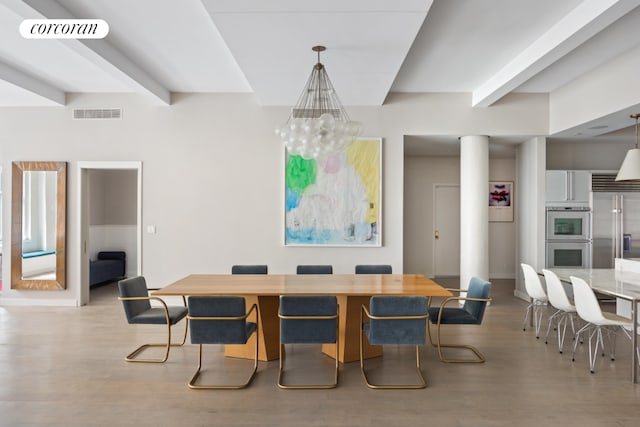 dining room with light hardwood / wood-style floors, a notable chandelier, and beamed ceiling