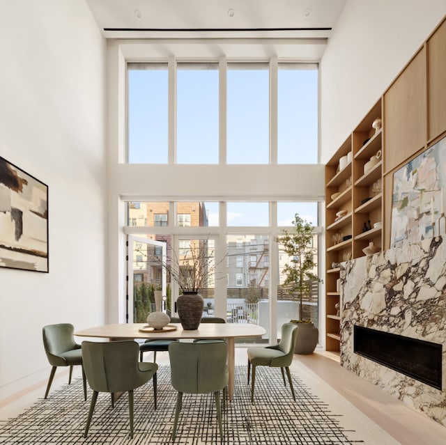 interior space featuring a high ceiling, a wealth of natural light, built in features, and a fireplace