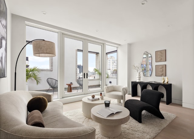 living room featuring expansive windows and light hardwood / wood-style floors