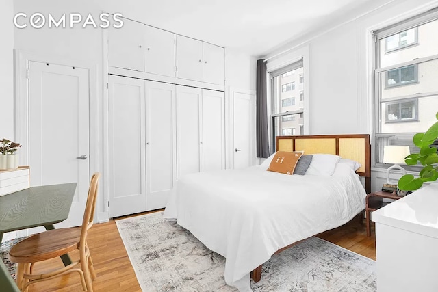 bedroom featuring a closet and light wood-type flooring