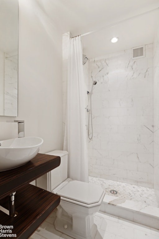 bathroom featuring toilet, vanity, and a shower with curtain