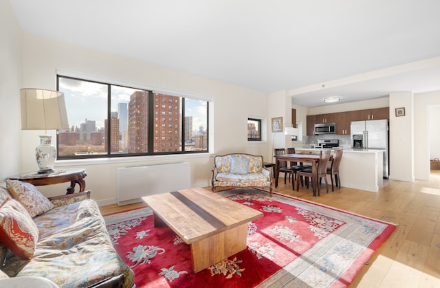 living area with light wood-style flooring and a city view