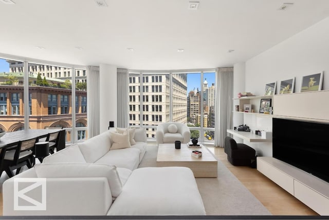 living room featuring light hardwood / wood-style floors and expansive windows