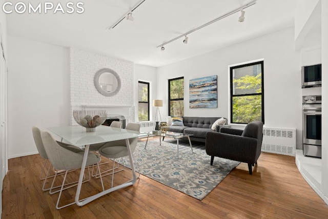 living room with a brick fireplace, rail lighting, hardwood / wood-style floors, and radiator