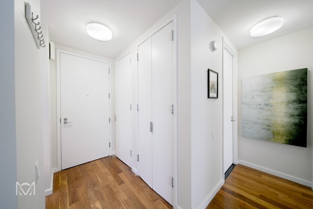 corridor with wood-type flooring