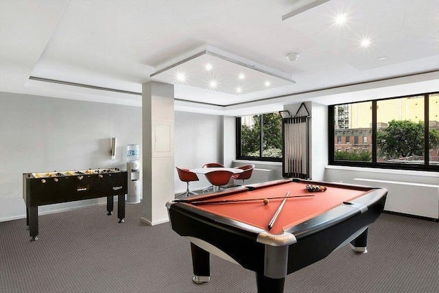 game room with carpet floors, a raised ceiling, pool table, and baseboards