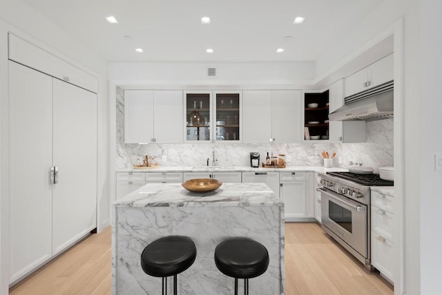 kitchen featuring white cabinetry, a kitchen breakfast bar, light stone countertops, a kitchen island, and stainless steel stove