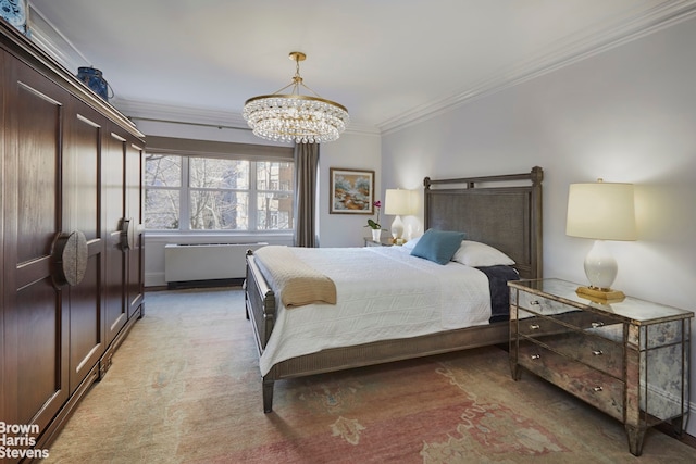 bedroom featuring an inviting chandelier, ornamental molding, and radiator