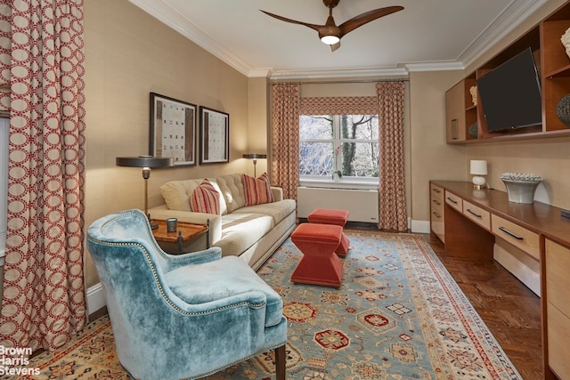 living room featuring crown molding, ceiling fan, and dark parquet flooring